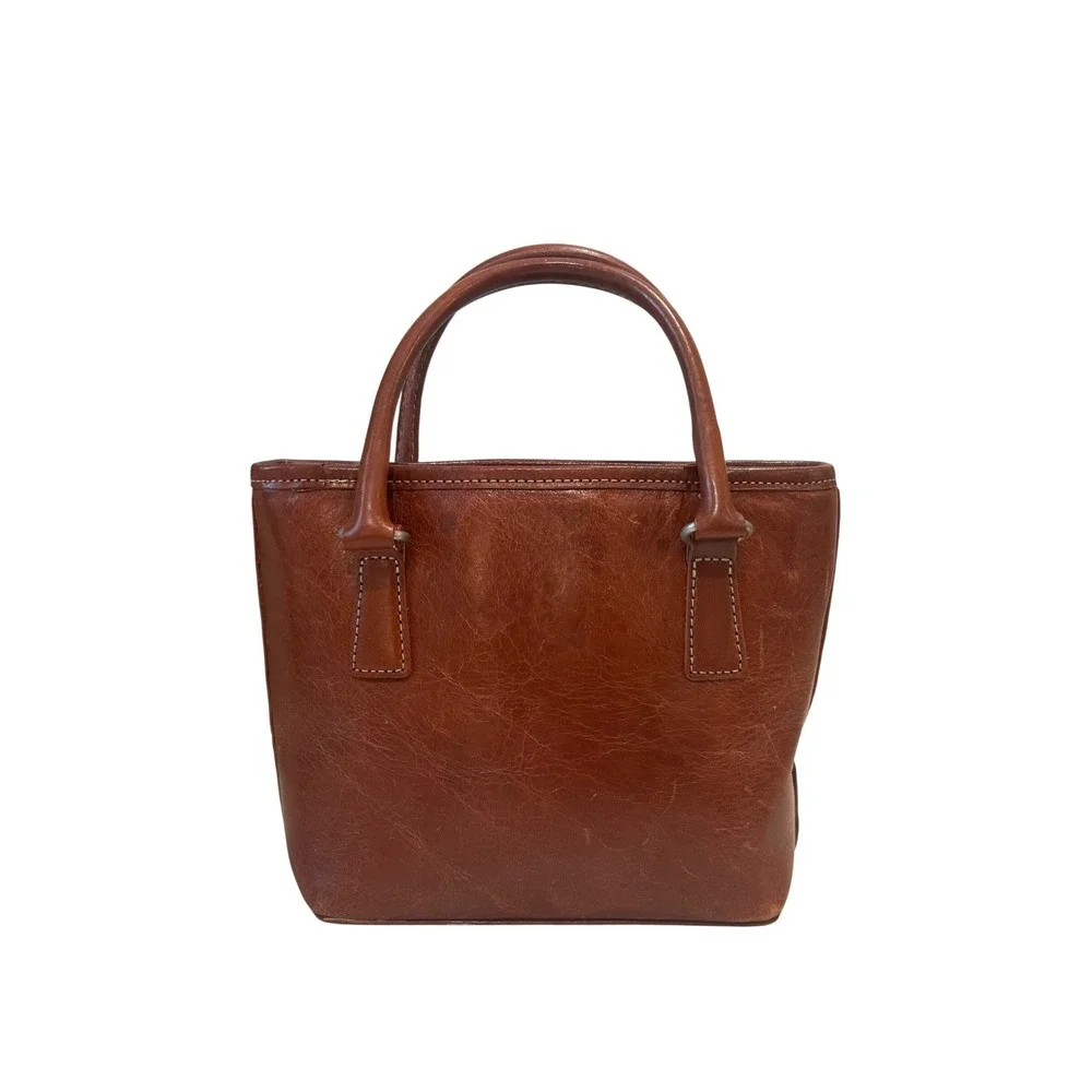 Fossil Mini Tote Hand Bag Womens Small Brown Leather Vintage Contrast Stitch